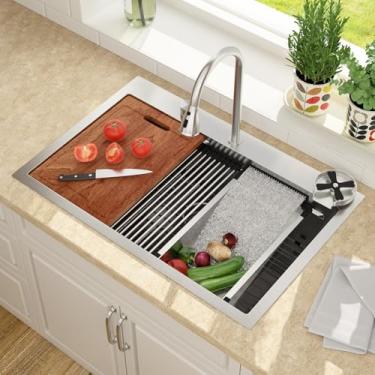 Imagem de Lordear Pia de cozinha suspensa 33 com torneira 83 x 55 cm, cachoeira, pias de cozinha de aço inoxidável, calibre 16, tigela única, pia inteligente com botão de interruptor separado