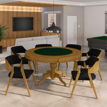 Imagem de Conjunto Mesa de Jogos Carteado Bellagio Tampo Reversível e 6 Cadeiras Madeira Poker Base Estrela Veludo Preto/Mel G42 - Gran Belo