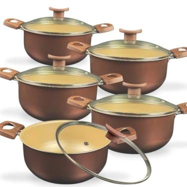 Imagem de Jogo Conjunto Panelas Caçarolas 10 peças Antiaderente Teflon Tampa de Vidro e Utensílios Nylon (Marrom/Dourado)
