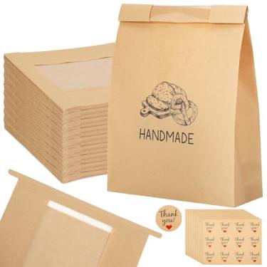 Imagem de 120 sacos de pão para pão caseiro, sacos de pão de fermento com trava de aba de gravata de lata e 132 adesivos, saco grande de padaria de 35,5 x 21 x 9 cm com janela para lanches, armazenamento de