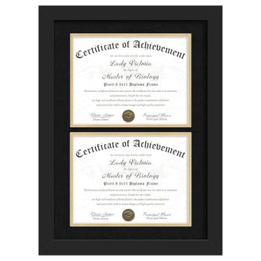 Imagem de Picrit Moldura dupla para diploma/documento de madeira preta 21 x 28 cm com vidro temperado e tapete preto sobre ouro, e moldura de certificado de 14 x 20 graus sem tapete para parede, 1 pacote