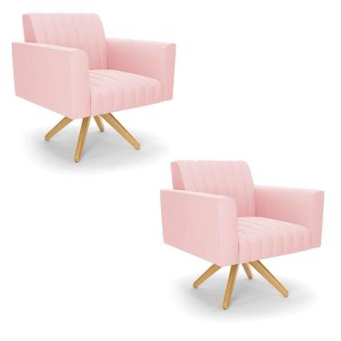 Imagem de Kit 2 Poltronas Giratória Viena Gomada Suede Base De Madeira Ma30 - D'rossi Cor Rosa Bebê