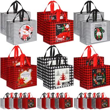 Imagem de Sanwuta 36 unidades de sacos de Natal a granel para presentes, grande, xadrez, reutilizável, não tecido, vermelho, branco, preto, presente com alças para festa de compras de embrulho de Natal, 32,5 x