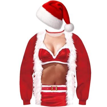 Imagem de Croloose Moletom feio de Natal com chapéu de Papai Noel para mulheres e homens, pulôver gráfico engraçado, confortável, chapéu de Natal de veludo, Vermelho, branco., Large