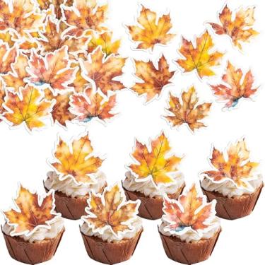 Imagem de Gyufise 54Pcs Edible Fall Leaves Cupcake Toppers Wafer Paper Autumn Maple Leaves Cake Decorations for Thanksgiving Baby Shower Wedding Birthday Party Supplies Brown