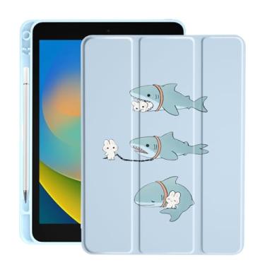 Imagem de Linda capa Shark Bunny para iPad 10,2 polegadas 7ª/8ª/9ª geração 2019/2020/2021 com suporte para lápis, capa de couro azul dobrável, suporta hibernar automático