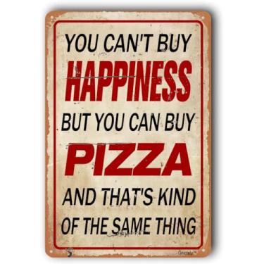Imagem de Arte de parede retrô para casa, decoração de parede de cozinha, placa de decoração de garagem "You Can't Buy Happiness But You Can Buy PIZZA" 20 x 30 cm placa metálica de alumínio