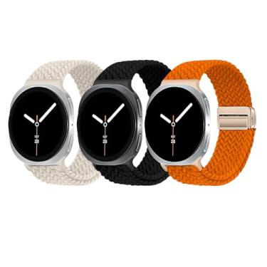 Imagem de Pacote com 3 pulseiras magnéticas trançadas para Samsung Galaxy Watch 8 de 40 mm e 44 mm, Galaxy Watch8 Classic de 46 mm, pulseira esportiva de tecido de nylon elástico sem lacunas para mulheres e