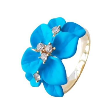 Imagem de Navachi Anel de flor de folhas de esmalte de cristal transparente banhado a ouro 18 k, 10, Zinco Esmalte, Cristal