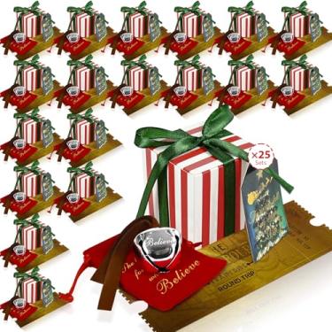Imagem de Conjunto de 25 sinos de Natal Believe Bells em massa sinos polares de trenó de Papai Noel, passagens de trem dourado, presente de Papai Noel, sino de rena prata com sacos de veludo vermelho, caixas de