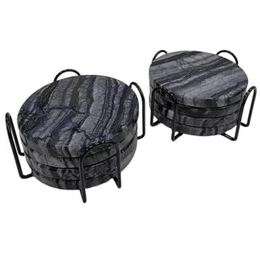 Imagem de YONGHEE Conjunto de 8 porta-copos de mármore preto com suporte, porta-copos de mármore redondos modernos elegantes para decoração de mesa de café, porta-copos de pedra semiabsorvente para bebidas, 10