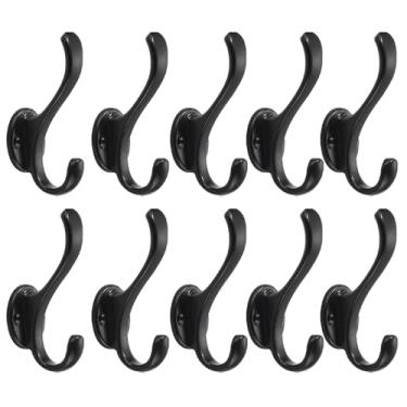 Imagem de khtumeware Pacote com 10 ganchos pretos de parede para uso pesado, ganchos duplos retrô para pendurar casacos, chapéu, toalha, chave, roupão, cachecol, bolsa, boné (preto)