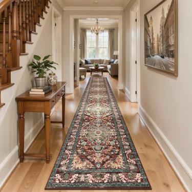 Imagem de U'Artlines Tapete de corredor boho de 9,5 x 45,7 cm, antiderrapante, antiderrapante, lavável, vintage, para cozinha, entrada, lavanderia e sala de estar (ferrugem e azul-petróleo)