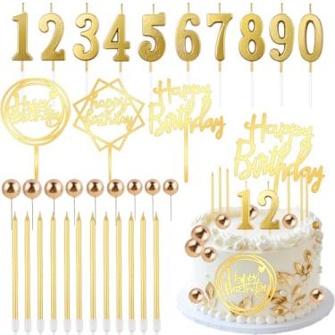 Imagem de ZWLIYCHN Gold Ball Cake Topper 34PCS Gold Birthday Candles Numbers with 0-9 Happy Birthday Cake Cupcake Decoration for Ten-Year Milestone Anniversary Wedding Celebration