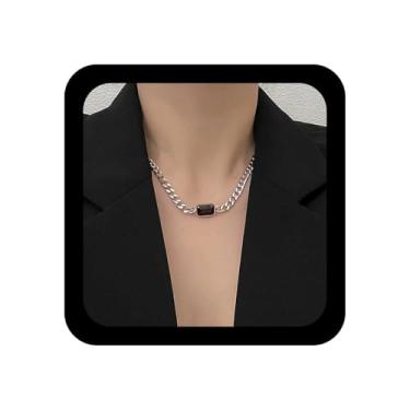 Imagem de Xduargs Colar vintage com pingente de cristal preto prata cubana colar quadrado ônix gargantilha punk corrente grossa colares joias para mulheres