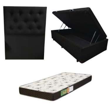 Imagem de Cama Box Baú Solteiro Blindada com Colchão Solteiro Espuma D20 12cm | Kit Completo com Cabeceira Botonê Opcional | Diversas Cores (3, SUEDE PRETO, COM CABECEIRA)