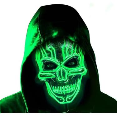 Imagem de SHANJIA Máscara de Halloween, máscara iluminada, crânio assustador com iluminação LED para festival de Halloween, cosplay, baile de máscaras, festa de carnaval (verde)