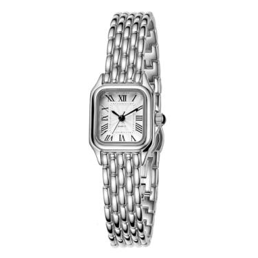 Imagem de BESTKANG Relógio feminino vintage, quadrado, clássico, luxuoso, com mostrador de algarismos romanos, dourado, prata, dois tons, pulseira de aço inoxidável, vestido elegante, relógio de pulso feminino
