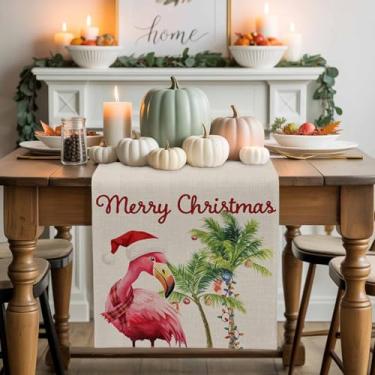 Imagem de Cachecol de flamingo de Natal rosa corredor de mesa verde tropical coco corredor para mesas de jantar corredor cozinha decoração de mesa de festa 33 x 182 cm