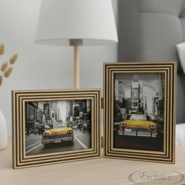 Imagem de Porta Retrato Duplo 10x15 Moldura Ripado Marrom e Bege Com Vidro