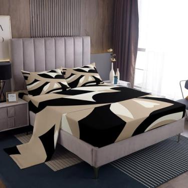 Imagem de Feelyou Jogo de lençol geométrico para meninos e meninas, tamanho casal, listrado, preto, arte abstrata, boêmio, decoração de quarto de adolescentes, 4 peças