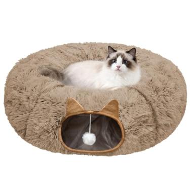 Imagem de Cama de túnel para gatos internos, caverna de gato Peekaboo de pelúcia macia, brinquedo multifuncional para gatos pequenos, médios e grandes, gatinhos, coelhos, furões, com almofada lavável (marrom)