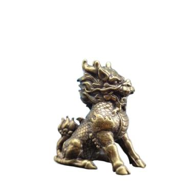 Imagem de Estátua em miniatura da besta divina da prosperidade de latão Qilin, mascote Fengshui de metal, escultura Kirin, ornamento de mesa, bonsai para casa, micro paisagem, acessórios de decr