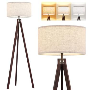 Imagem de ELYONA Luminária de pé de tripé de madeira, luz de leitura moderna de meados do século, luz de estudo alta com 3 temperaturas de cores, lâmpada de LED e sombra de linho natural para casa de fazenda