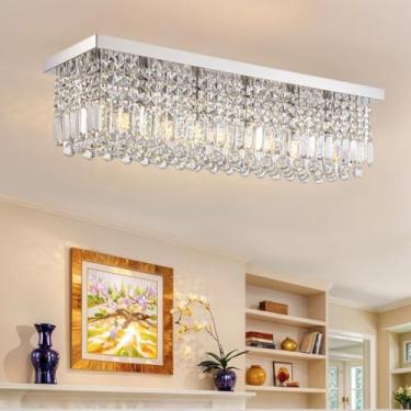 Imagem de Lustre retangular, lustre retangular de montagem embutida lustres modernos de cristal K9, luminária de teto pendente de cristal com gota de chuva de 6 luzes para sala de jantar, quarto, bar, clube L80