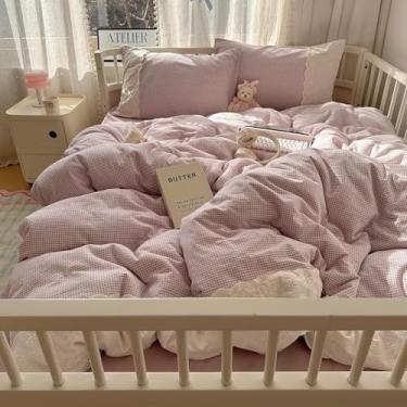Imagem de mixinni Capa de edredom guingão roxo branco tamanho solteiro - Conjunto de cama xadrez Cottagecore de 3 peças com acabamento em renda, microfibra lavada, macia, vintage, grade estética e fronhas de