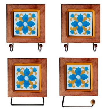 Imagem de Kit de Banheiro Artesanal com Ladrilho Hidráulico 4 Peças em Madeira M