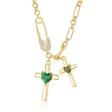 Imagem de SilvecFantasy Colar de cruz de ouro para mulheres, pingente de cruz dupla de 14 K, pino de segurança delicado, 2 pedras do nascimento, clipe de papel, corrente de fé, joias modernas, presentes