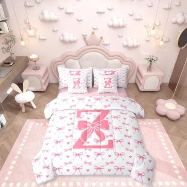 Imagem de Erosebridal Conjunto de edredom solteiro com laço de coquete rosa, 7 peças, com letra Z, com nó de borboleta e laço de borboleta para crianças, meninos e meninas