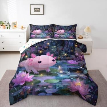 Imagem de Jogo de edredom kawaii, solteiro, estampa de tritão, flores roxas, folhas botânicas, estética, para crianças, meninas, meninos, oceano azul, anfíbio, salamandra, enchimento