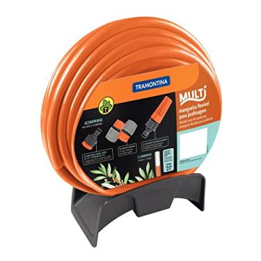 Imagem de Mangueira Multi 1/2" Tramontina Laranja em PVC 3 Camadas 25 m com Engates Rápidos, Esguicho e Suporte Mural