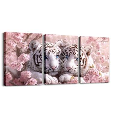 Imagem de Erosebridal Arte de parede em tela de tigre branco bonito impressões de imagens de flor de cerejeira, decoração de parede de animal de flor rosa para quarto de banho, Sakura Wildlife quadros de
