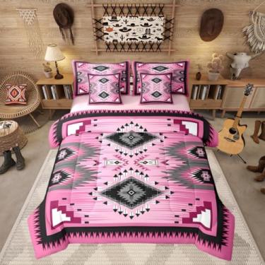Imagem de Erosebridal Conjunto de edredom boêmio, tamanho solteiro, rústico, ocidental, asteca, boêmio, rosa, para decoração de quarto de meninos, adolescentes, adultos, lençol geométrico, nativo americano
