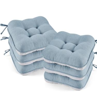 Imagem de BETU Almofadas de cadeira para cadeiras de jantar, conjunto de almofadas de mesa de cozinha de 6,3 cm de espessura com laços, suporte e capas antiderrapantes, almofada de assento para sala de jantar