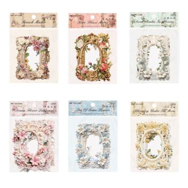 Imagem de 120 peças de adesivos vintage floral para scrapbook, pacote com 6 adesivos decorativos de molduras de janela de fundo estéticos para scrapbook, planejador, lixo, material de colagem