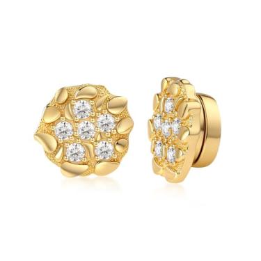 Imagem de WORFAJEW Brincos masculinos banhados a ouro 18 quilates, brincos magnéticos grandes de 13,5 mm para orelha não perfurante, brincos de diamante com clipe falso de prata esterlina hip hop D VVS1