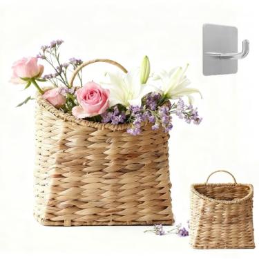 Imagem de Cesta de parede pendurada em tecido de jacinto de água, cesta de parede de vime feita à mão em vime para jardim, casa, flores, vasos pendurados 21,8 cm P x 13 cm L x 29,5 cm A
