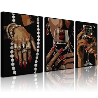 Imagem de Conjunto de arte de parede em tela, 3 peças, mulher moderna, com pintura de taça, moda, lábios e unhas vermelhos, impressão de pôster, arte de fundo preto, imagem de galeria elegante para sala de