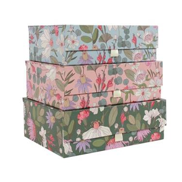 Imagem de MIZFRUZZY Caixas de armazenamento decorativas de 3 peças com tampas, ímã e fita, azul, verde, rosa, floral, conjunto de caixa de lembrança de papel de papelão, caixa de armazenamento de fotos para