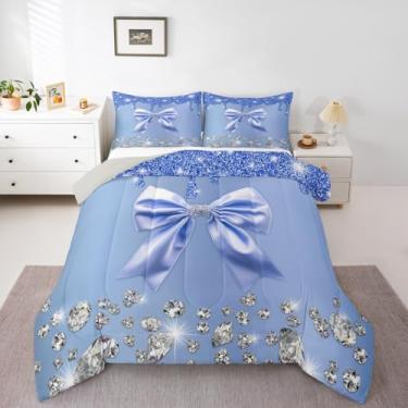 Imagem de Erosebridal Conjunto de edredom com laço azul celeste, lantejoulas brilhantes com glitter, conjunto de cama de diamante, céu estrelado cinza, estampa de princesa sonhadora, para decoração de quarto de