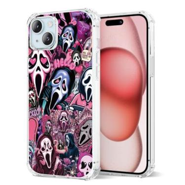 Imagem de Molecpulse Capa de telefone transparente com personagem de filme de terror rosa para iPhone 15, assustadora - Colagem chique para Halloween e estilo ousado