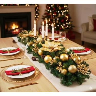 Imagem de Centro de Mesa Natalino Luxo, 45cm Decoração de Natal com Poinsétia, Bolas e Pinhas, Dourado ou Vermelho, 2 Modelos Disponíveis, para Mesa de Jantar e Festas (Dourado)