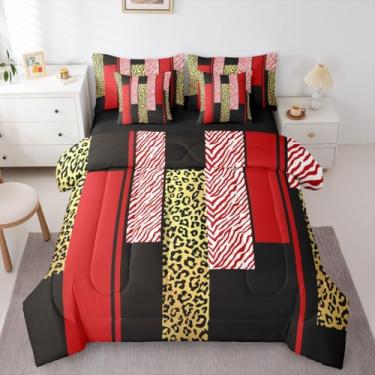 Imagem de Erosebridal Conjunto de edredom feminino com estampa de leopardo e ouro vermelho, tamanho Queen, 7 peças, estampa de pele, geométrico, para mulheres e adultos, zebra, guepardo, pele de animal selvagem