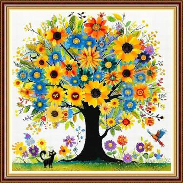 Imagem de DMCVIVR Kits de ponto cruz estampado para adultos iniciantes kits de bordado 11CT kits de ponto cruz padrões de bordado - árvore da vida gato 45,7 x 45,7 cm