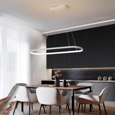 Imagem de Lustre pendente oval LED regulável, moderno, para mesa de jantar, escritório, com controle remoto, altura ajustável, sem reflexos, ideal para ambientes como sala de estar, sala de estudos e