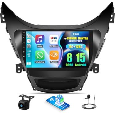 Imagem de Rádio estéreo para carro Android de 8 núcleos 6G + 128G para Hyundai Elantra 2011 2012 2013 com visão panorâmica de 360°, tela sensível ao toque de 23 cm, sem fio, CarPlay, Android, câmera de backup